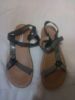 Forever Link Comfort Women's Sandals. Sparky Rose Gold Black Flat Slingback. Size 8.5.