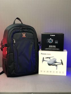 EOS R50 with 18-45mm Lens, Potensic ATOM 2 Drone (Standard Kit)and padded Camera Bag 