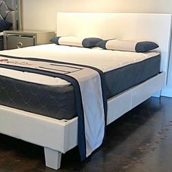 BRAND NEW WHITE FULL SIZE LEATHER BED FRAME WITH NEW MATTRESS/FAST DELIVERY