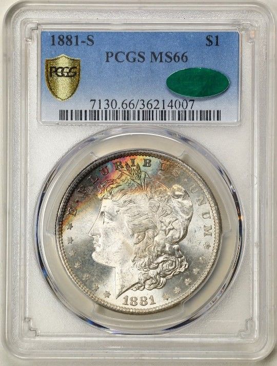 1881 S MORGAN DOLLAR PCGSMS66 RAINBOW TONED