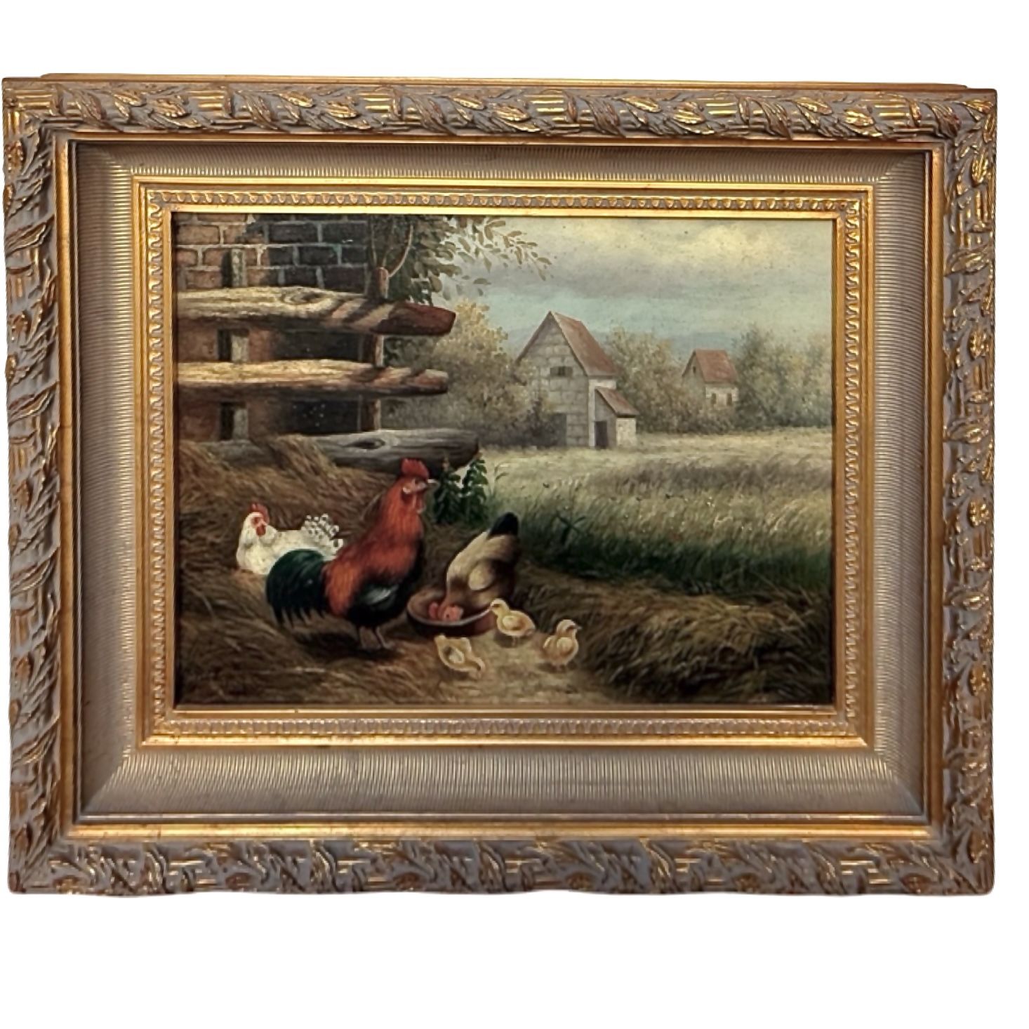 Vintage Oil Painting Realism Farm Chicken Roosters Rustic French Gold Frame