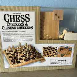 Solid Wood Chess, Checkers & Chinese Checkers Game 2 - 6 Players Ages 6 to Adult