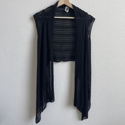 MI & RENA Vintage Black Semi Sheer Stripe Short Sleeve Drape Crop Cardigan Top