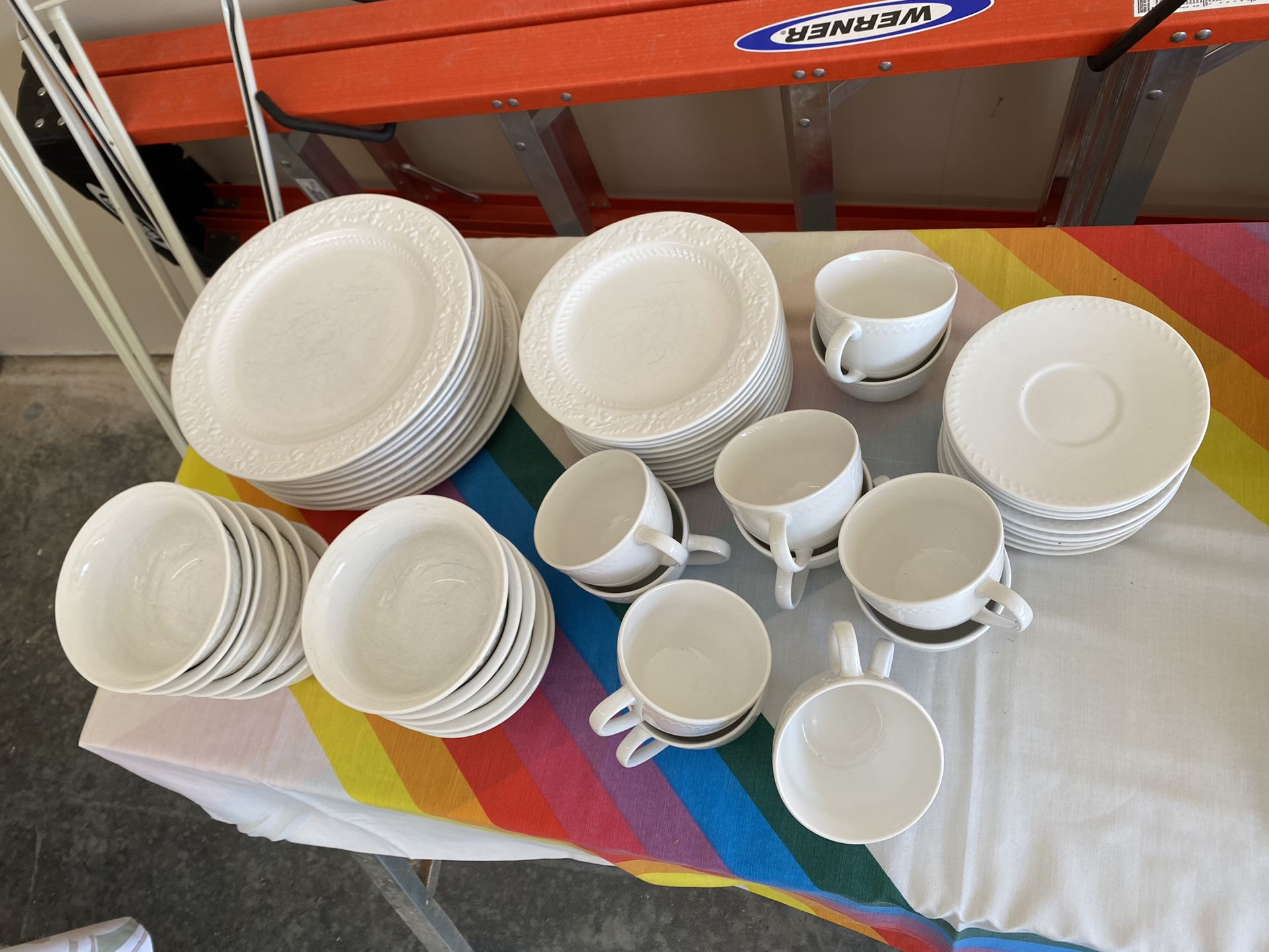 Set Of 8 White Dishes, Plates, Saucers Coffee Cups, Bowls
