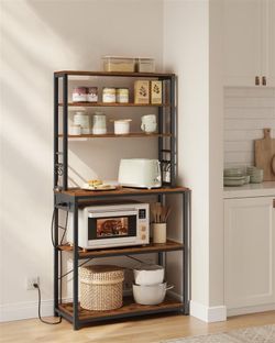 Coffee Bar, 31.5 Inches 6-Tier Baker's Rack with 6 Hooks Modern Basic Microwave Stand, 31.5 x 15.8 x 65.8 Inches, Rustic Brown and Ink Black, BARNET C