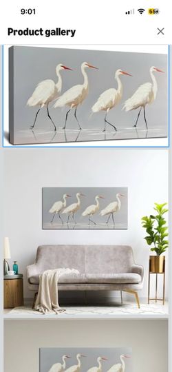 Brand New! White Heron Wall Art Bird Painting Animal Texture Artwork 20"x40" Hand Painted, Modern Landscape Artwork,For Living Room Bedroom Office Coa