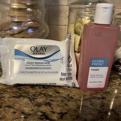 set of 2- olay 25ct make up wipes•loreal hydra fresh toner 8.5oz•all for $10