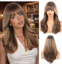 Long Wavy Layered Synthetic Wig with Bangs Deep Coffee Brown 20"