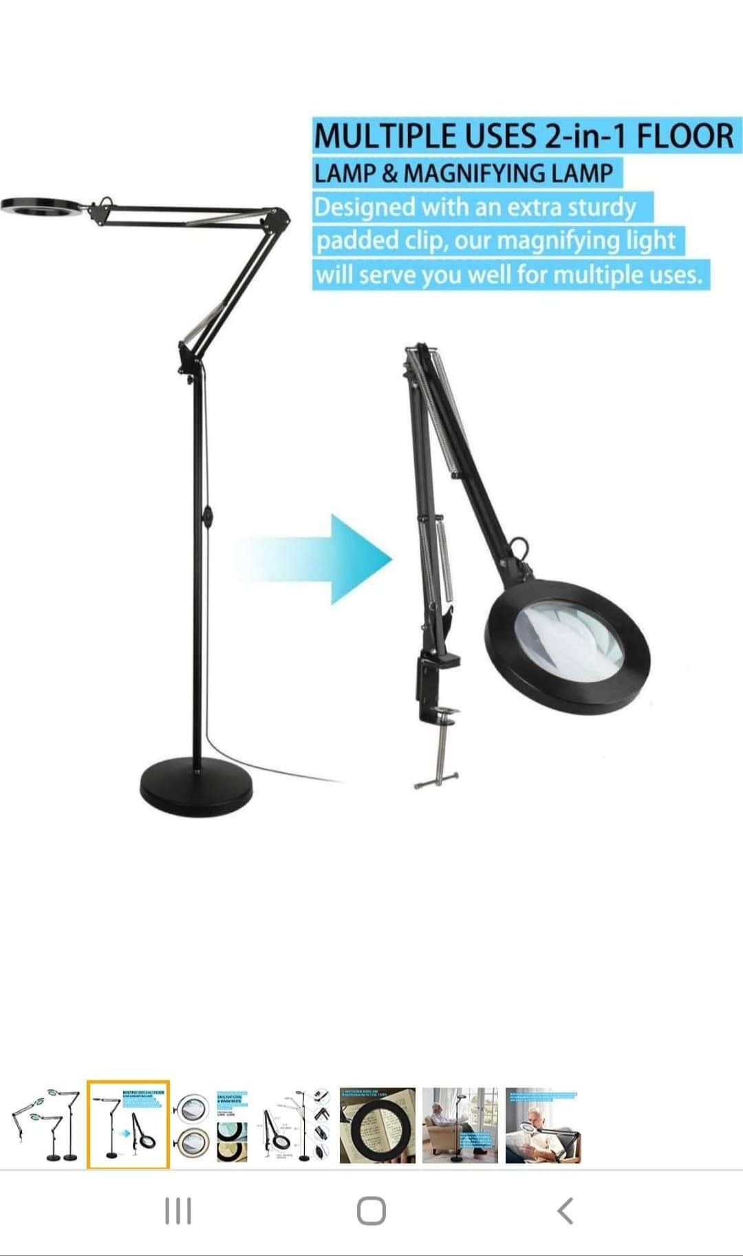 Magnifying glass floor lamp with clamp.