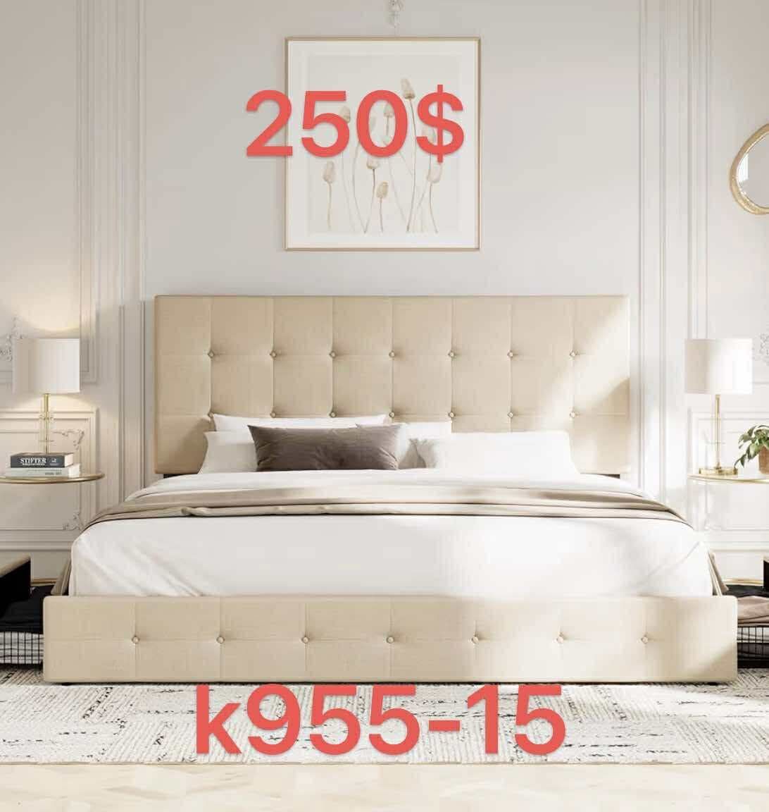 Upholstered King Size Platform Bed Frame, Square Stitched Button Tufted, Beige with 4 Storage Drawers, Headboard, Mattress Foundation（k944-15