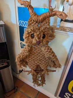 Vintage 1970s macrame folk art wall hanging owl driftwood and wooden eyes hand made