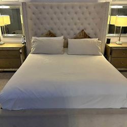 Bed frame with high headboard Beige color King Queen sizes