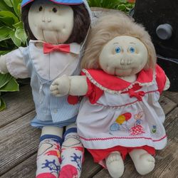 Vintage Handmade Cabbage Patch Dolls Brother Brown Eyes 22' Sister Blue Eyes 17' 