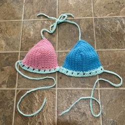 Handmade Crochet “Cotton candy” bikini top, pink, blue and sparkly aqua colors ✨🩵🩷