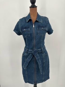 GUESS Denim Mini Dress XS NWT Zip Front Belted Dark Wash Y2K Utility