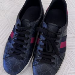 GUCCI Ace Webbing-Trimmed Monogrammed Coated-Canvas Sneakers