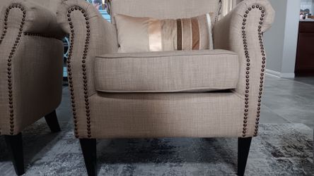 Beige Linen Accent Chair with Nailhead Trim