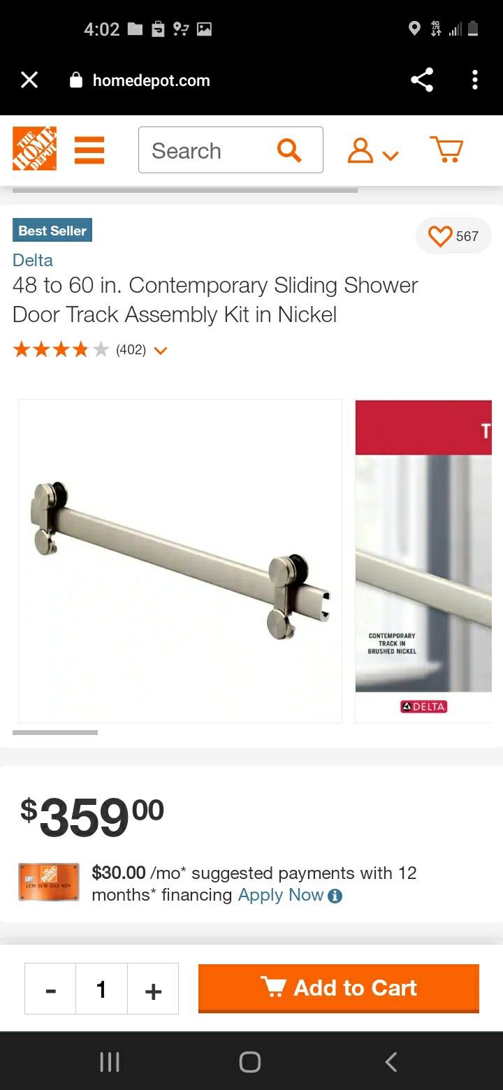 Delta 48in - 60in Contemporary Sliding Shower Door Track Assembly Kit In Brushed Nickel