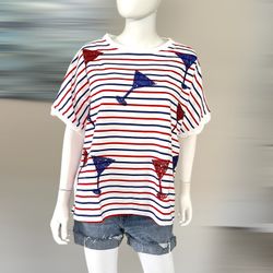 Fantastic Fawn Patriotic striped Oversized Sequin Accent Tee Sz Medium 