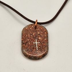 Dog Tag Orgonite Pendant with Sunstone, Shungite & Cross – EMF Protection Necklace – One of a Kind Functional Energy Jewelry