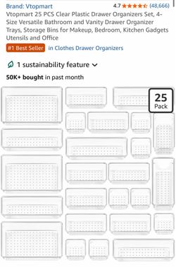 Vtopmart 25 PCS Clear Plastic Drawer Organizers Set, 4-Size Versatile Bathroom and Vanity Drawer Organizer Trays, Storage Bins for Makeup, Bedroom, Ki