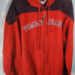 Tommy Jeans Full Zip Up Sweatshirt Hoodie Jacket Mens Size L Spell Out Red