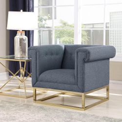 Accent Club Chair Button Tufted Linen-Textured Plush Cushion Brass Finished Brushed Metal Base Frame