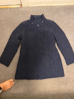 Bridgeton Women's Navy Blue Diamond Quilted Collared Mid-Length Zip Snap L