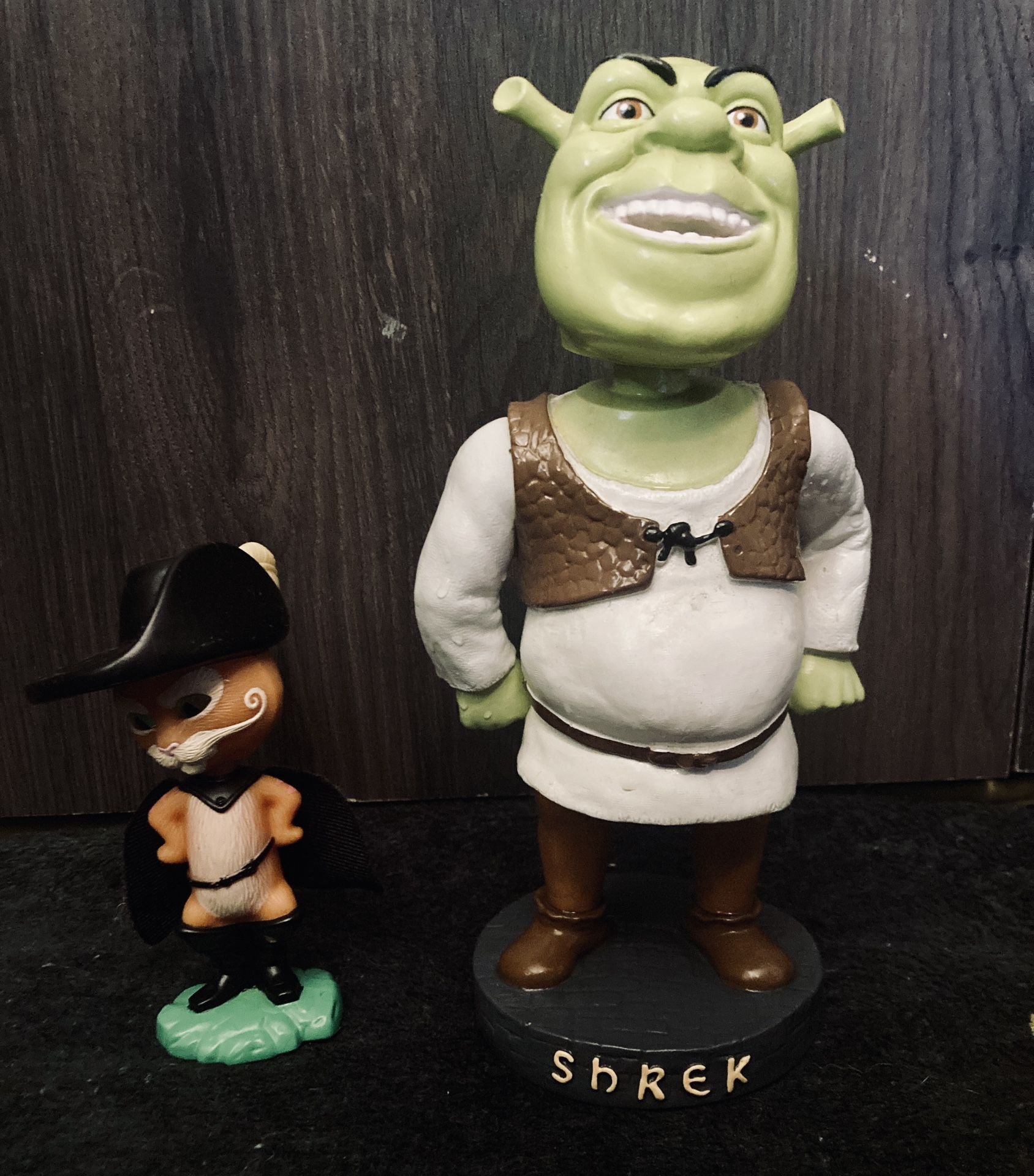 SHREK 2 DreamWorks Rare 2004 8” Bobble Head + Puss In Boots 4" Bobblehead Figure - Burger King Toy