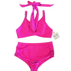 NWT Hanna Nikole High Waist Bikini Set Womens Plus Size 18W Ruched Swimsuit Pink