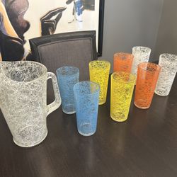 Vintage MCM Hazel Atlas "spaghetti string" glass pitcher and matching tumblers