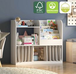 Firm Price—Montessori Kids Bookshelf with Removeable Curtain, Wooden Division, for Nursery Playroom Kids Room Classroom, White,
