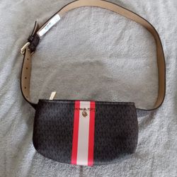 Michael Kors Brown Belt Bag Red Striped MK Jet Logo Womens S-M Waist Pack NEW