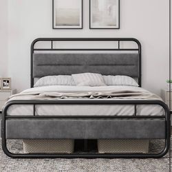 Queen Bed Frame Heavy Duty Metal Bed with Curved Upholstered Headboard, 8.7 Inch Under-Bed Storage/Steel Slats Support/Noise Free/No Box Spring Needed