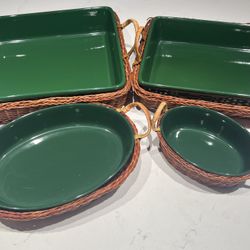 Temptations "Old World Green" bakeware with wicker baskets. 