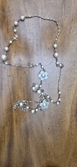 Chanel Gold CC Gold Frame White Flower Pearl Long Necklace