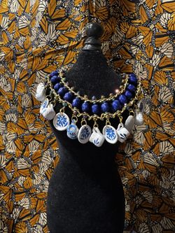 Mexican necklace-Handcrafted Mexican Clay Necklace with Blue Floral Motifs