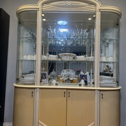 China Cabinet, Glass Cabinet, Beige Wooden China Cabinet