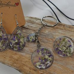 Dried Flower Necklace, Keychain, & Earring Set