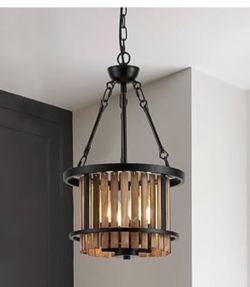 12”Farmhouse Drum Chandelier for Dining Room, Hanging Light Fixture 4-Light 12" Round Rustic Chandelier, Wood Grain and Vintage Black Metal, for Kitch