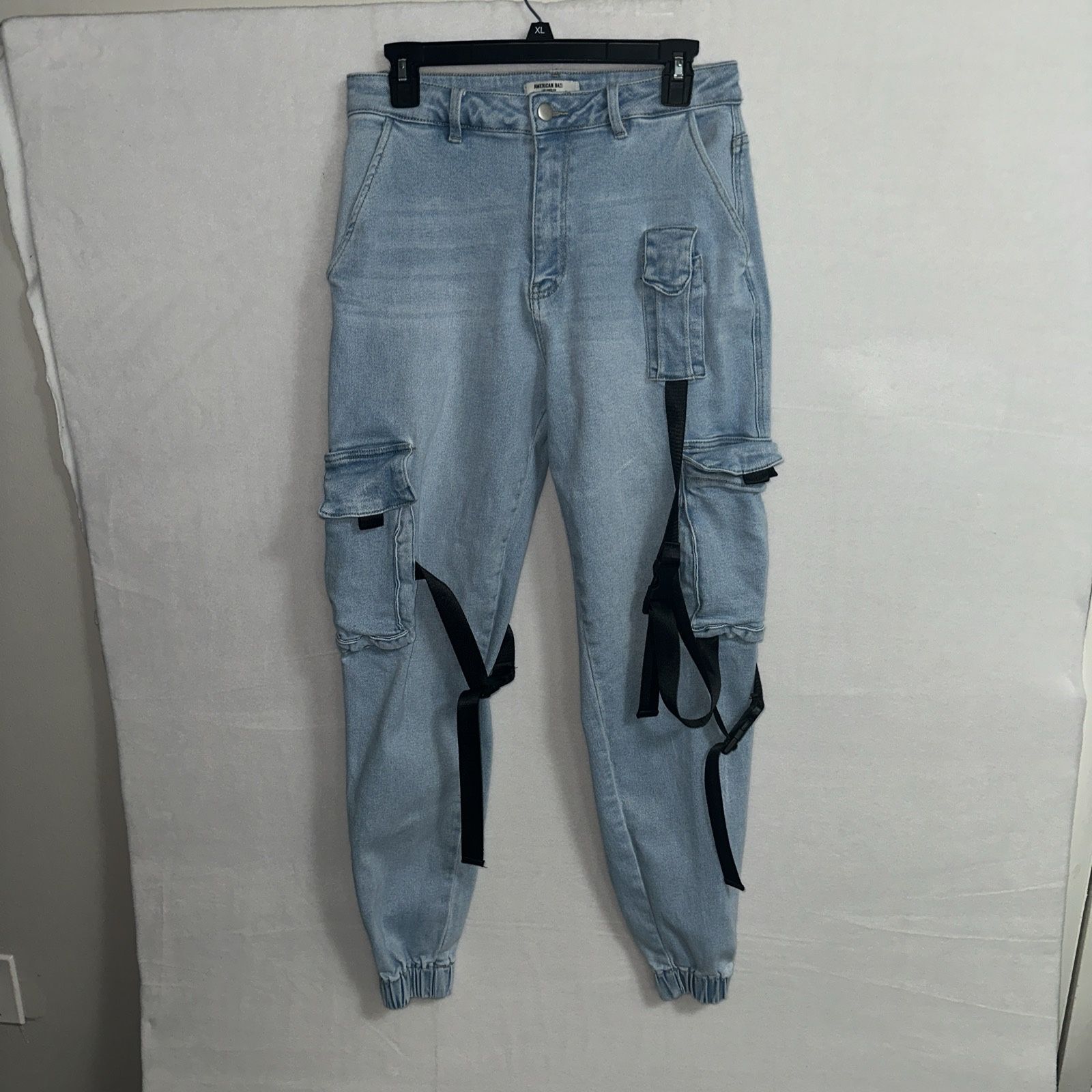 American Bazi Jeans Women’s Large Blue Light Wash Cargo Jeggings 90s Buckles Cropped Casual