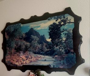 VINTAGE ANTIQUE WATERFALL PICTURE ON HANDCRAFTED WOOD