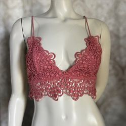 Forever 21 Crocheted Bikini Top Womens Burnt Coral Tie Bohemian Hippie Bralette Size S  