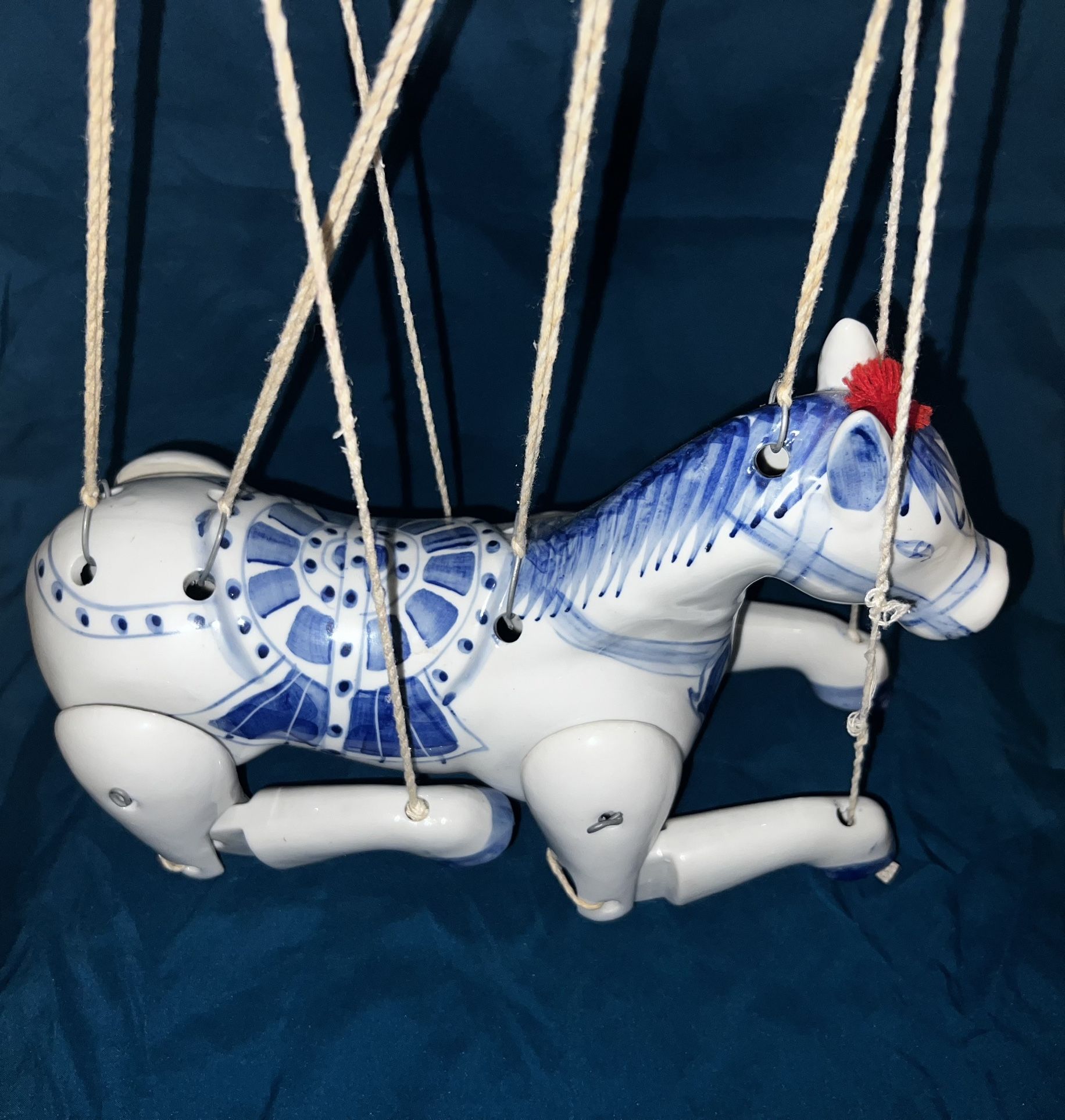 Vintage Blue & White Ceramic Marionette Horse Articulated Puppet Figurine