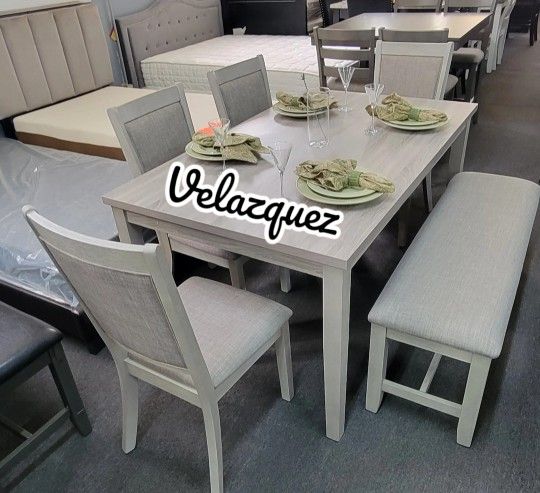 ✅️✅️ 6 pc light finish wood dining table set padded seat chairs and bench ✅️✅️