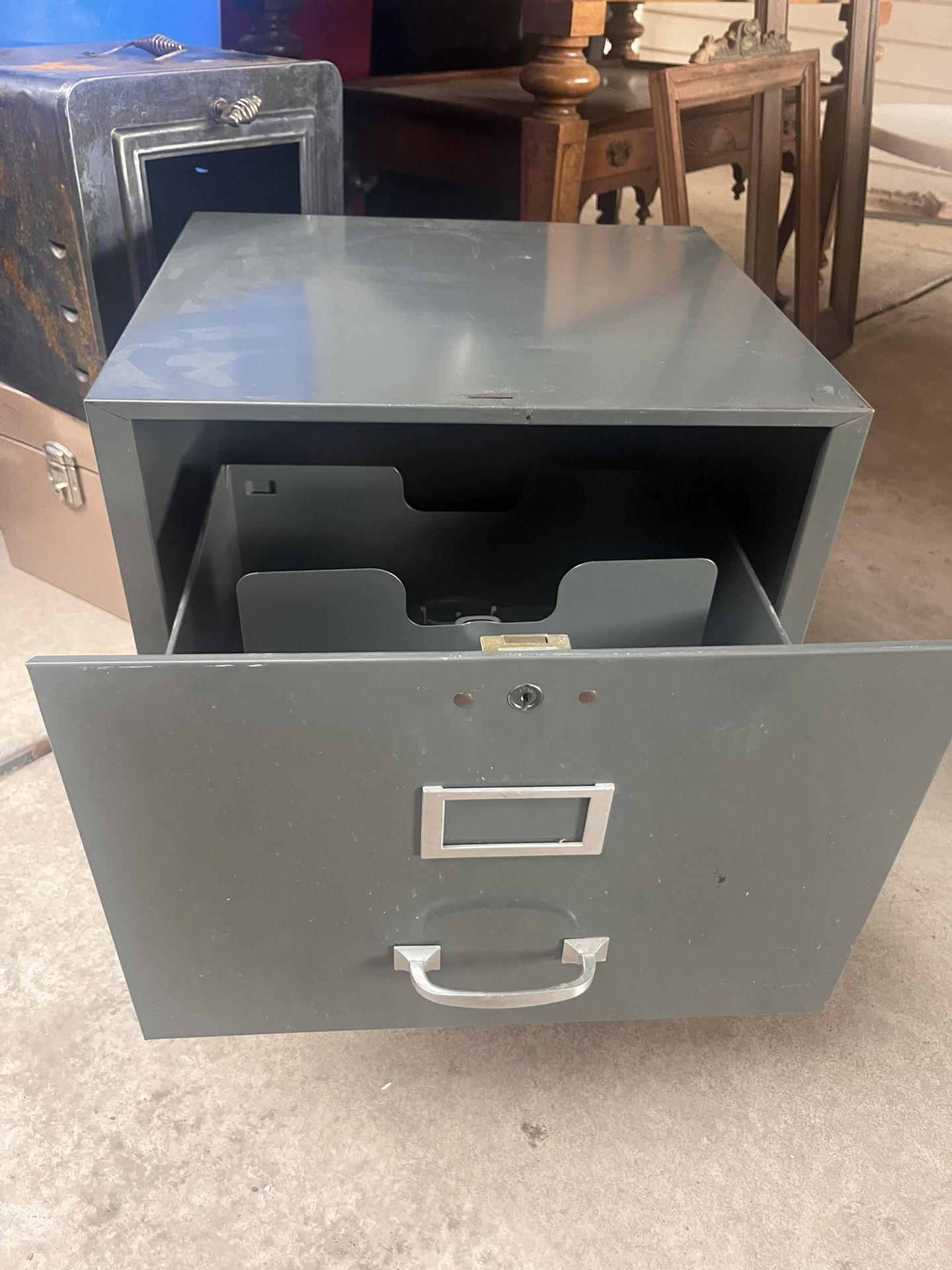 Vintage Metal File Drawer, Side Table - 18”x16”x18” H