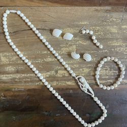 32” Vintage Ivory Necklace, 9” Bracelet And Earrings 