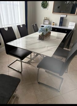 Marble Top Dining Table with 6 Chairs & Buffet