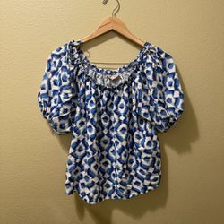Women’s Medium Knox Rose Blue White Abstract Pattern Peasant Boho Blouse