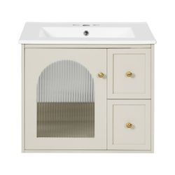 24 inch Wall-mounted Bathroom Vanity with White Ceramic Countertop Sink (Beige)